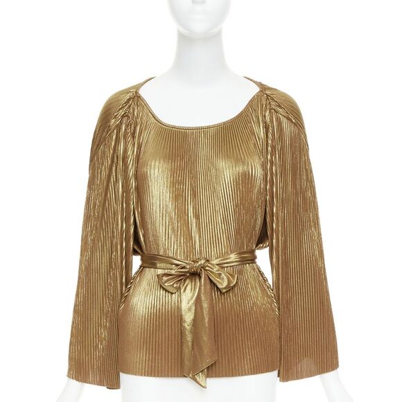 HALSTON HERITAGE gold accordion pleated gathered shoulder tie goddess top US10 L